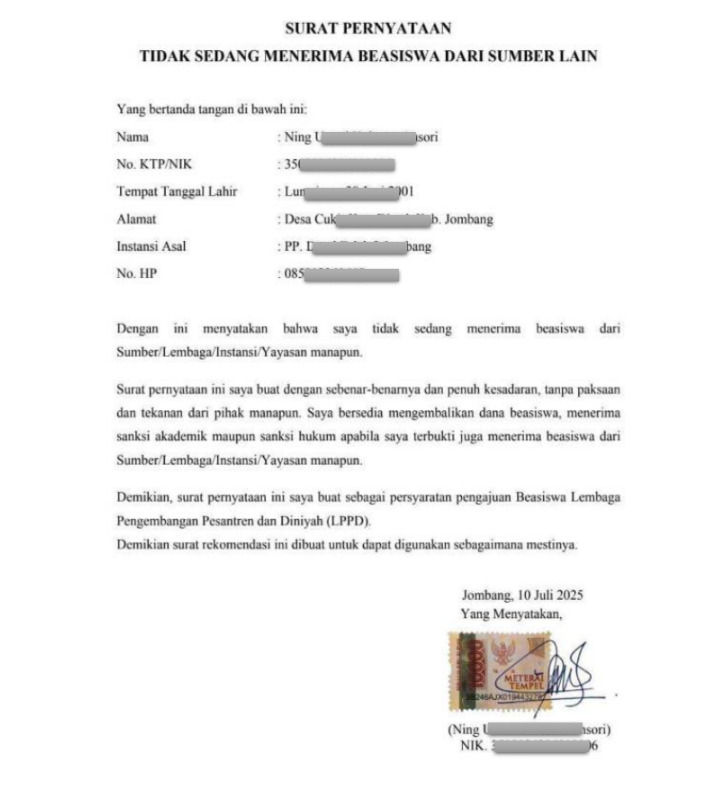 Contoh Lampiran Surat Pernyataan